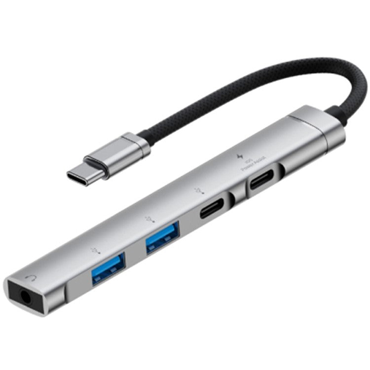 5-in-1 USB Hub Type-C to Type-C Charging + Type-C Data + 2 X USB2.0 + 3.5mm Headphone Jack Adapter - Silver