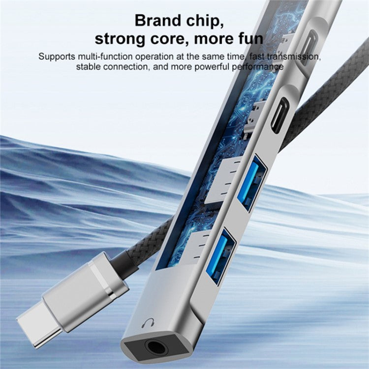 5-in-1 USB Hub Type-C to Type-C Charging + Type-C Data + 2 X USB2.0 + 3.5mm Headphone Jack Adapter - Silver