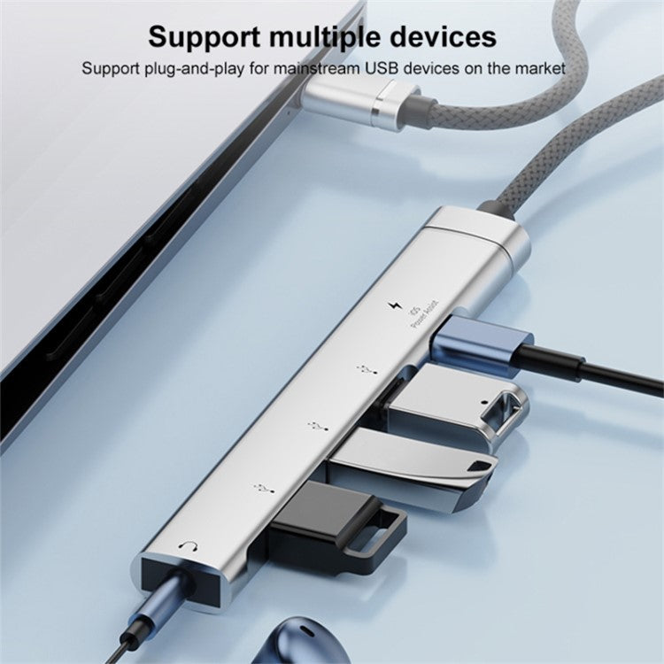 5-in-1 USB Hub Type-C to Type-C Charging + Type-C Data + 2 X USB2.0 + 3.5mm Headphone Jack Adapter - Silver