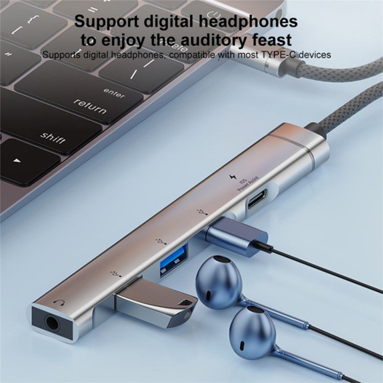 5-in-1 USB Hub Type-C to Type-C Charging + Type-C Data + 2 X USB2.0 + 3.5mm Headphone Jack Adapter - Silver