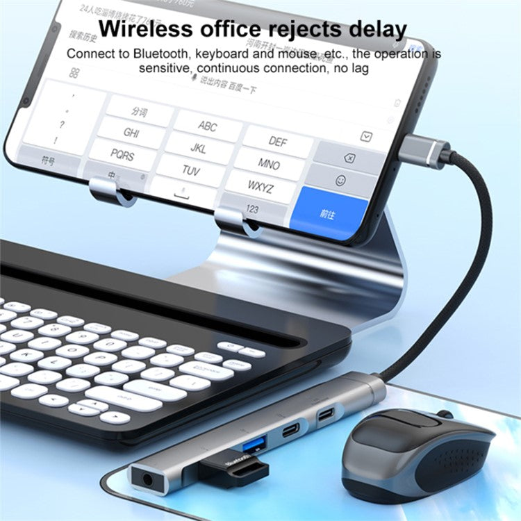 5-in-1 USB Hub Type-C to Type-C Charging + Type-C Data + 2 X USB2.0 + 3.5mm Headphone Jack Adapter - Silver