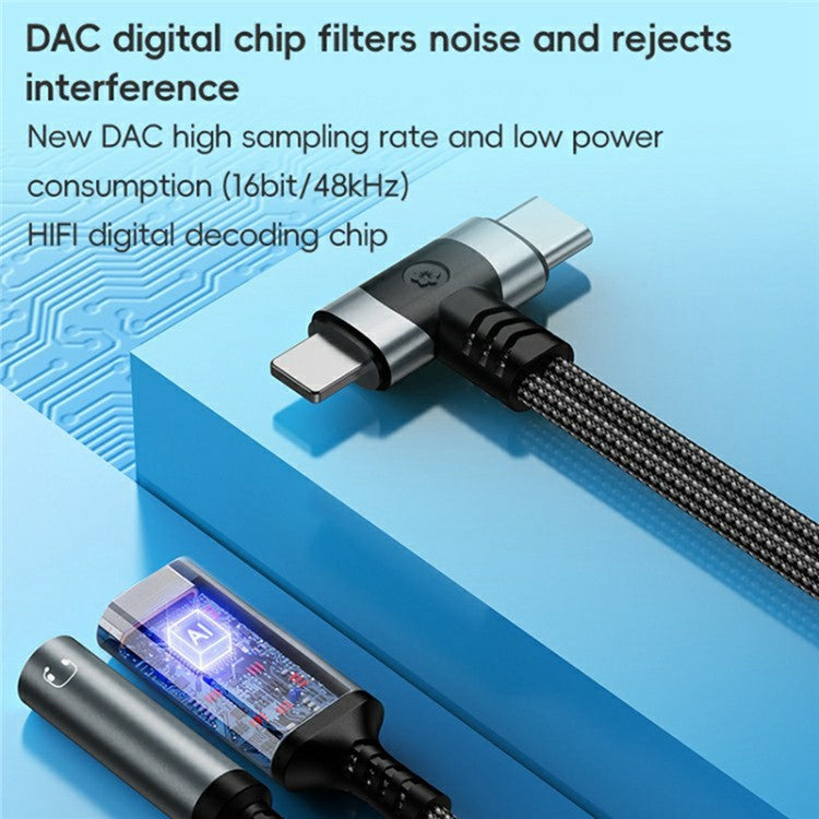 8 Pin / Type-C to Type-C + 3.5mm Audio Converter Nylon Braided Cable Support 10W Fast Charging - Grey