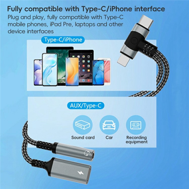 8 Pin / Type-C to Type-C + 3.5mm Audio Converter Nylon Braided Cable Support 10W Fast Charging - Grey