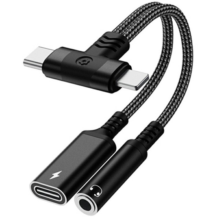 8 Pin / Type-C to Type-C + 3.5mm Audio Converter Nylon Braided Cable Support 10W Fast Charging - Black