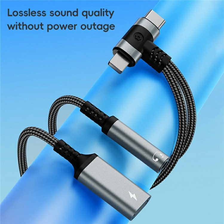8 Pin / Type-C to Type-C + 3.5mm Audio Converter Nylon Braided Cable Support 10W Fast Charging - Black