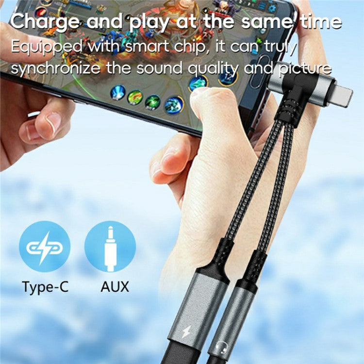 8 Pin / Type-C to Type-C + 3.5mm Audio Converter Nylon Braided Cable Support 10W Fast Charging - Black