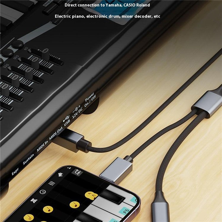 1m 2-in-1 iP + Type-C to Midi Adapter Cable for Printer / Electronic Keyboard / Mixer / Sound Card - Black