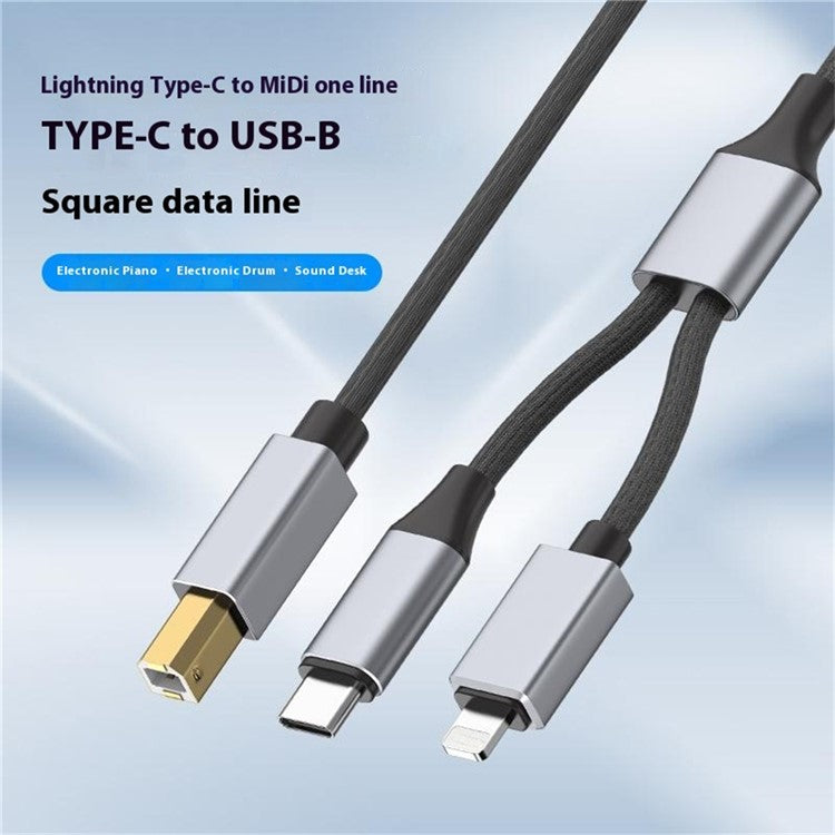 1m 2-in-1 iP + Type-C to MiDi Adapter Cable for Printer / Electronic Keyboard / Mixer / Sound Card - Silver