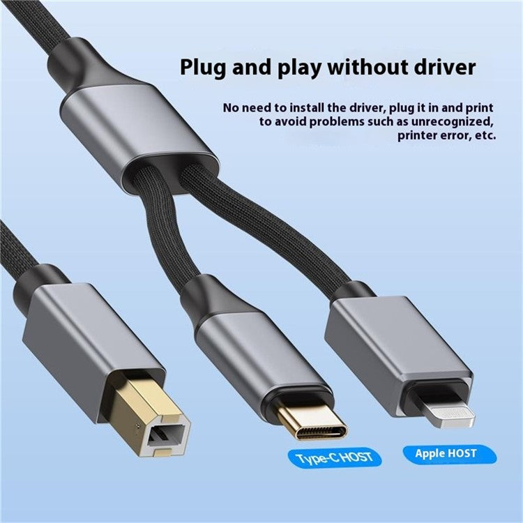 1m 2-in-1 iP + Type-C to MiDi Adapter Cable for Printer / Electronic Keyboard / Mixer / Sound Card - Silver