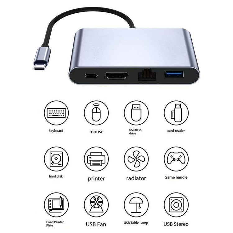 2322 Aluminum Shell Type-C Hub with RJ45 + 4K / 30HZ HD + USB 3.0 + PD 100W Charging Port