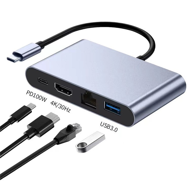2322 Aluminum Shell Type-C Hub with RJ45 + 4K / 30HZ HD + USB 3.0 + PD 100W Charging Port