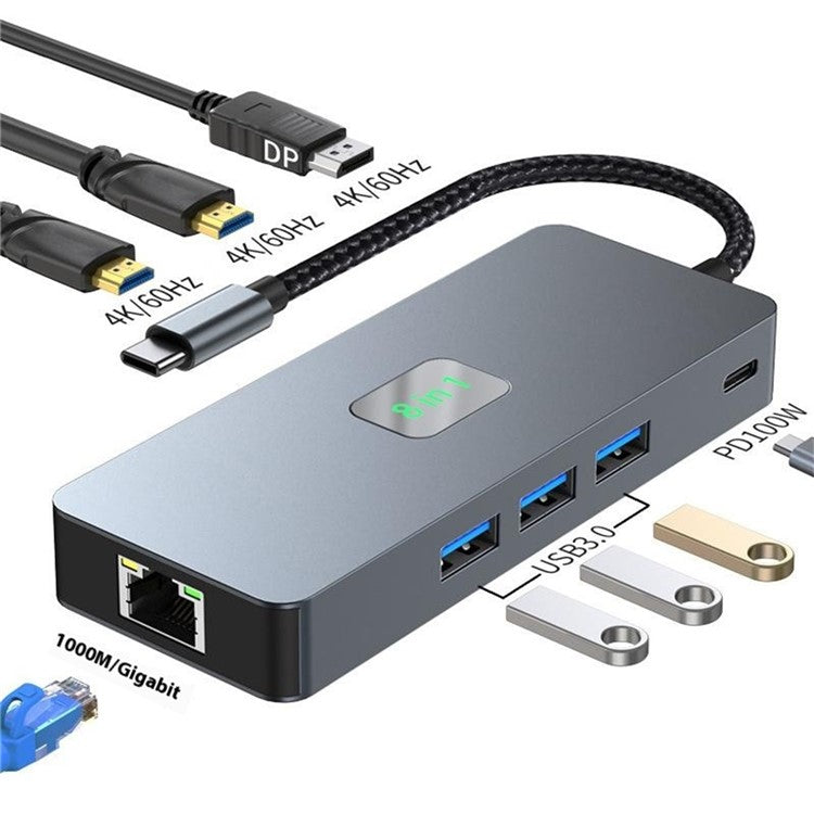 2401 8-in-1 Type-C Hub Docking Station with Gigabit Ethernet, 3x USB 3.0, 2x HD, DP, PD 100W Port