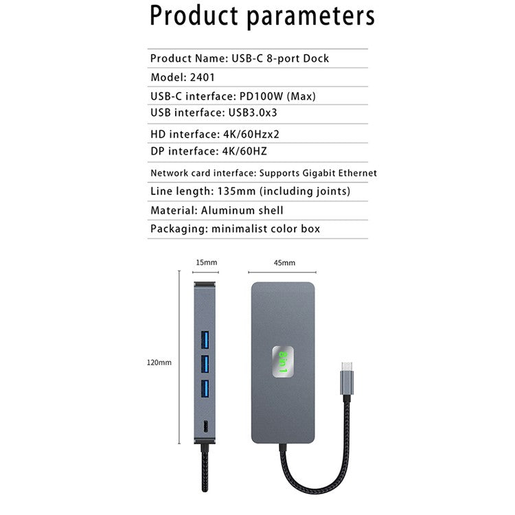 2401 8-in-1 Type-C Hub Docking Station with Gigabit Ethernet, 3x USB 3.0, 2x HD, DP, PD 100W Port