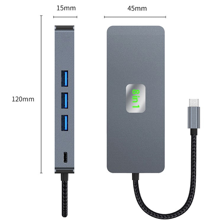 2401 8-in-1 Type-C Hub Docking Station with Gigabit Ethernet, 3x USB 3.0, 2x HD, DP, PD 100W Port