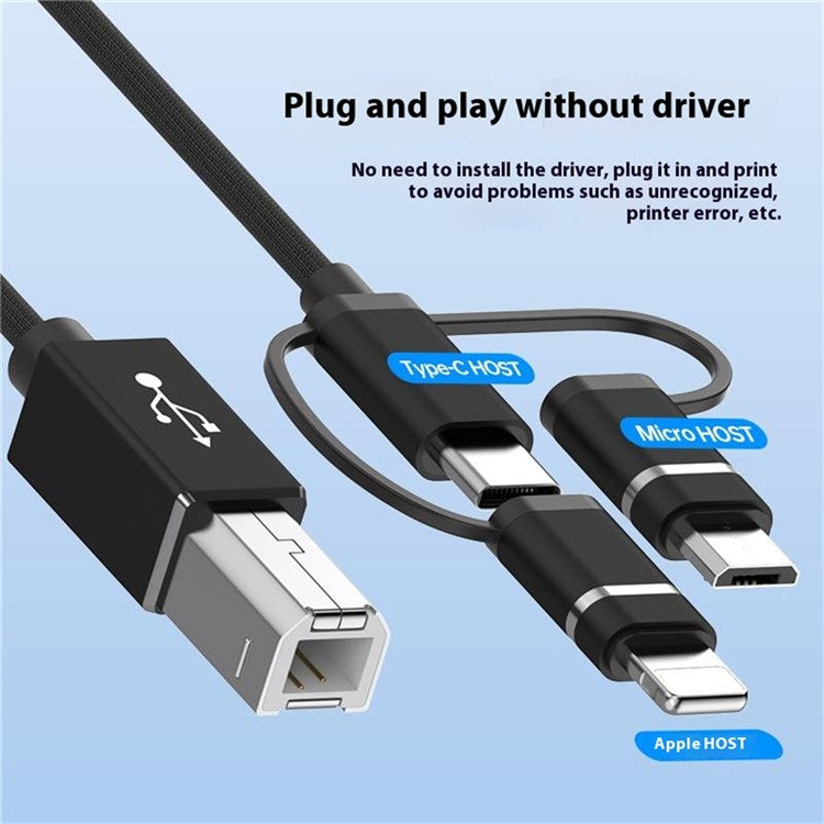 1m Plug and Play 3-in-1 iP + Type-C + Micro USB to MIDI Cable for Printer / Electric Piano / Keyboard / Mixer - Silver