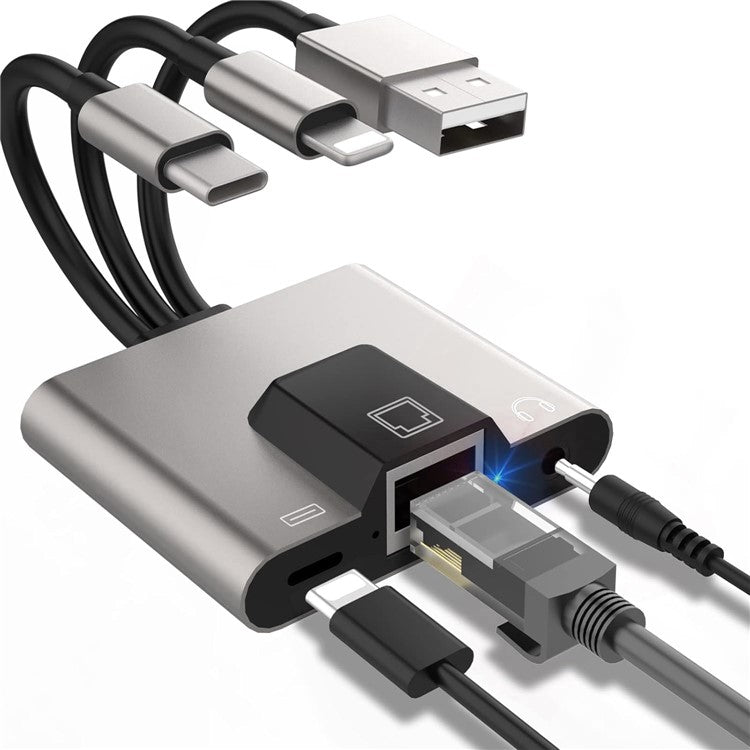 NK-1056S iP / USB-A / Type-C 3-in-1 Ethernet Adapter with 3.5mm Audio Jack for Windows / Mac OS / Phone / Pad