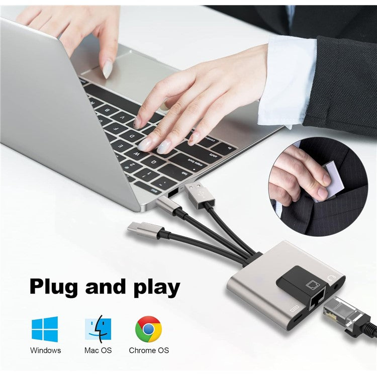 NK-1056S iP / USB-A / Type-C 3-in-1 Ethernet Adapter with 3.5mm Audio Jack for Windows / Mac OS / Phone / Pad