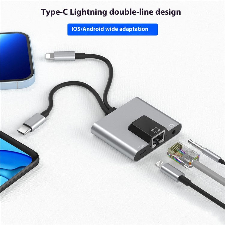 2-in-1 iP / Type-C Ethernet Adapter 100Mbps Network Card 3.5mm Audio Jack Converter