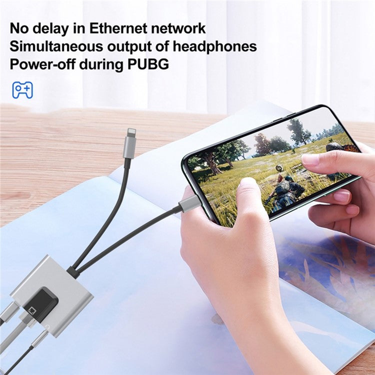 2-in-1 iP / Type-C Ethernet Adapter 100Mbps Network Card 3.5mm Audio Jack Converter