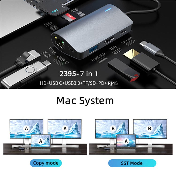 2395-07 USB-C Hub 7-Port Docking Station with 4K HD, 100W PD, USB 3.0, RJ45, SD / TF Card Reader