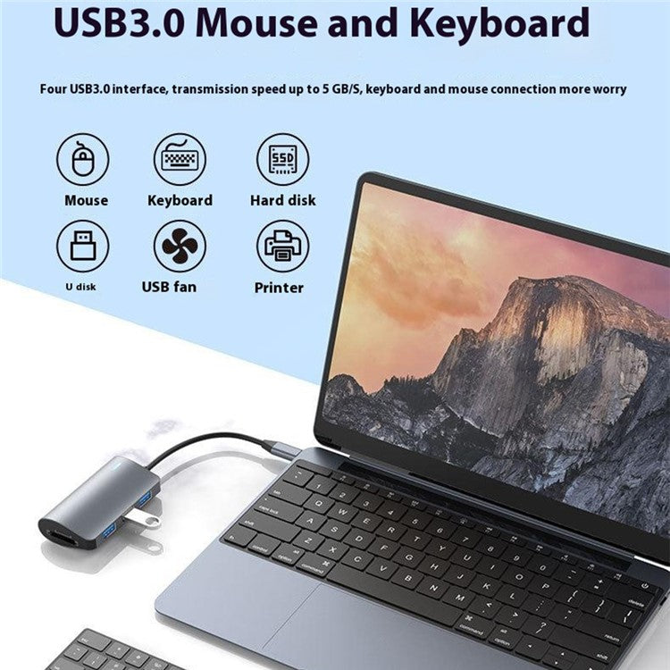 2395-05 5-in-1 USB-C Hub Aluminum Alloy Docking Station with 3 USB 3.0 + SD / TF Card Reader - Grey