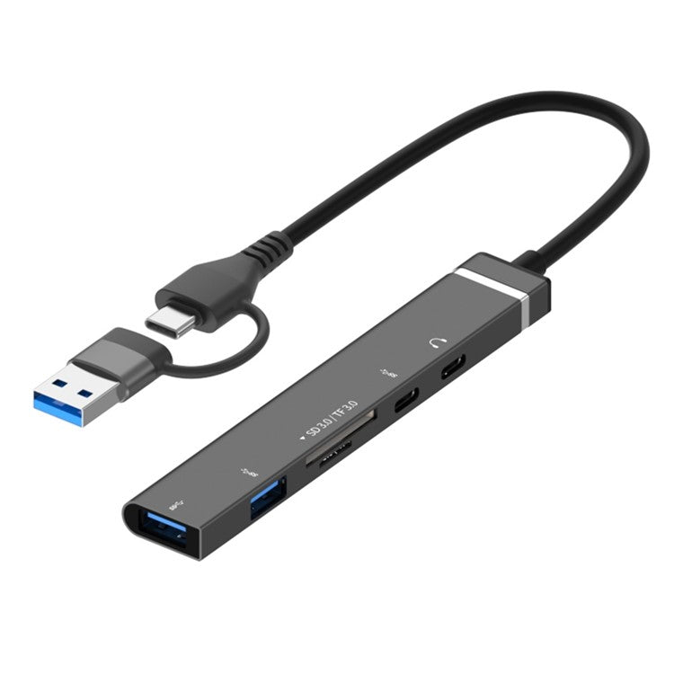 USB + Type-C 6-in-1 Hub Smartphones Tablets Computers Multi-Port Adapter OTG Card Reader - Grey