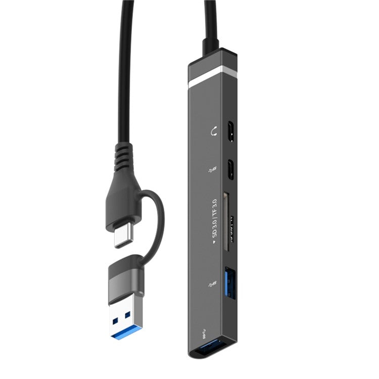 USB + Type-C 6-in-1 Hub Smartphones Tablets Computers Multi-Port Adapter OTG Card Reader - Grey