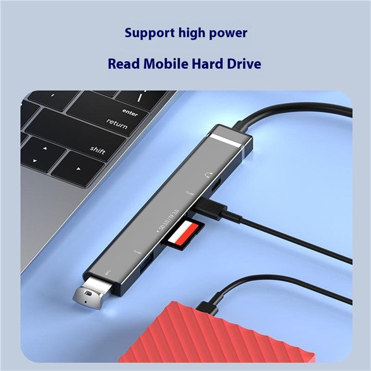 USB + Type-C 6-in-1 Hub Smartphones Tablets Computers Multi-Port Adapter OTG Card Reader - Grey