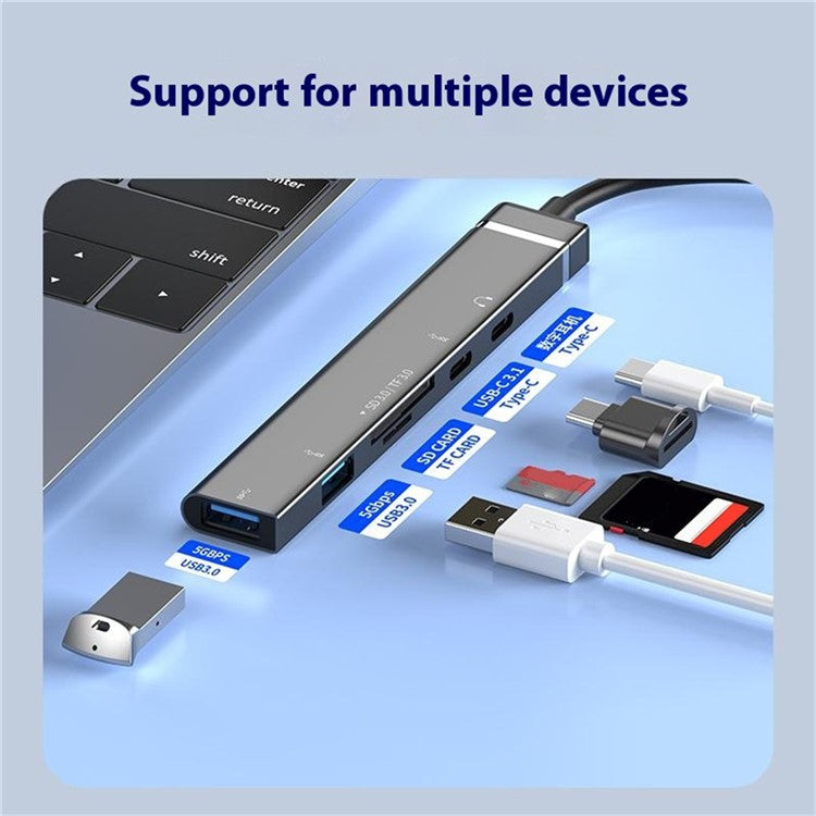 USB + Type-C 6-in-1 Hub Smartphones Tablets Computers Multi-Port Adapter OTG Card Reader - Grey