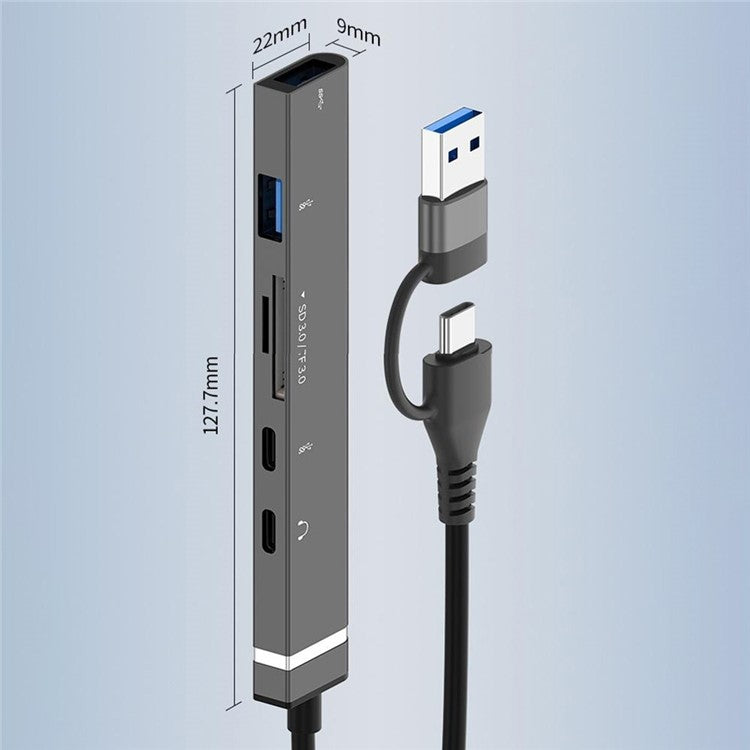 USB + Type-C 6-in-1 Hub Smartphones Tablets Computers Multi-Port Adapter OTG Card Reader - Grey