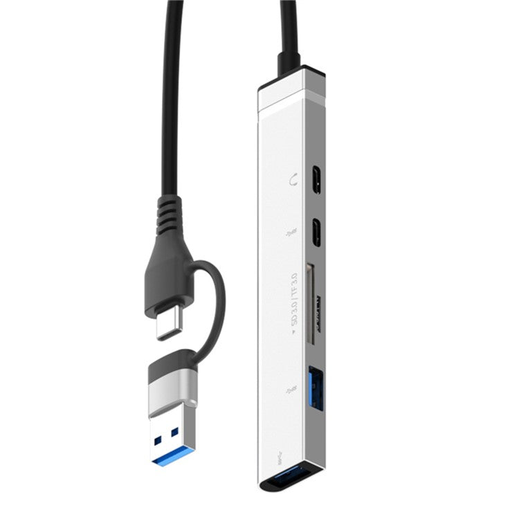 USB + Type-C 6-in-1 Hub Smartphones Tablets Computers Multi-Port Adapter OTG Card Reader - Silver