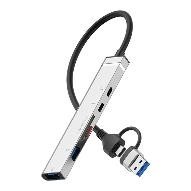 USB + Type-C 6-in-1 Hub Smartphones Tablets Computers Multi-Port Adapter OTG Card Reader - Silver