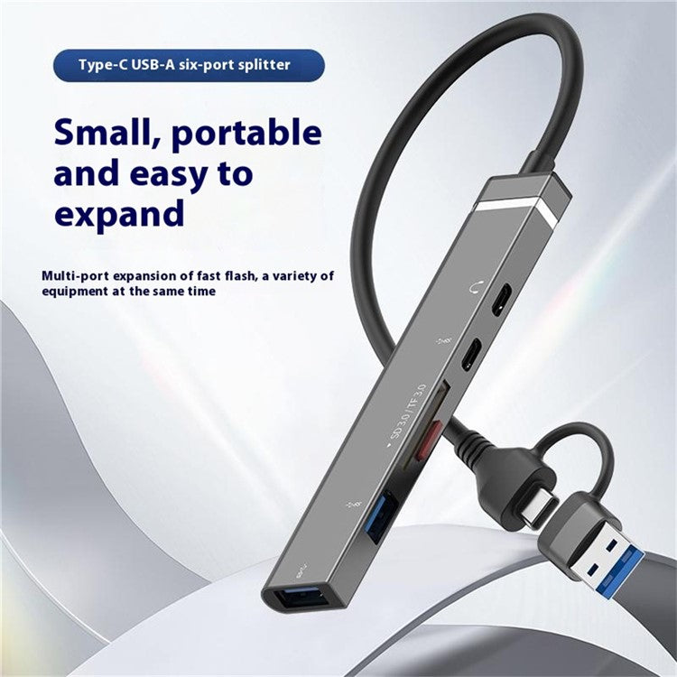 USB + Type-C 6-in-1 Hub Smartphones Tablets Computers Multi-Port Adapter OTG Card Reader - Silver
