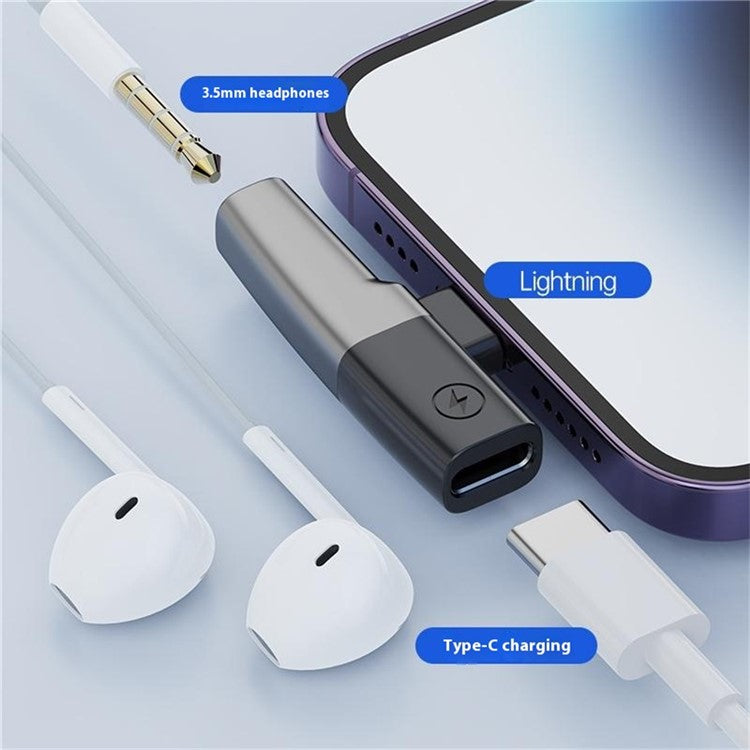DAC Chip 8-Pin to 3.5mm Audio + Type-C Charging Port Adapter for iPhone - Grey