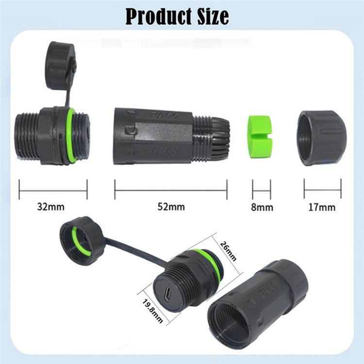 10Gbps IP68 Waterproof Docking Connector Single Port Type-C Female to Female Adapter with Protective Cover