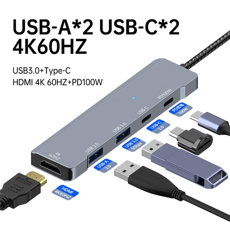 ADS-336 5 In 1 USB C Hub PD 100W Fast Charging 4K 60Hz HD Data Transfer Adapter