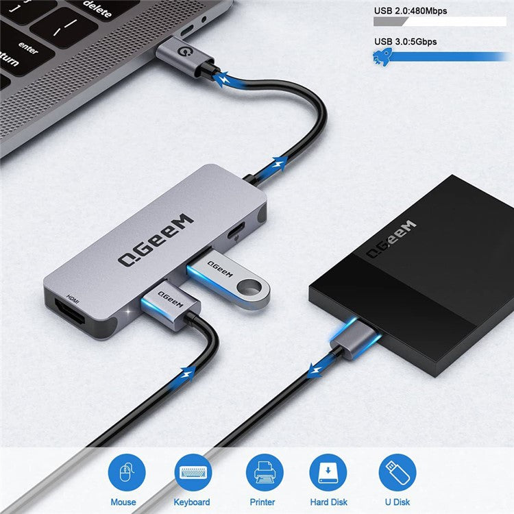 QGEEM UH04-1 4 In 1 Type C Hub USB 3.0 Docking Station with 4K HD PD 100W Charging Port