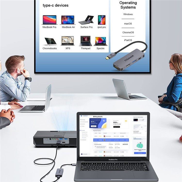 QGEEM UH04-1 4 In 1 Type C Hub USB 3.0 Docking Station with 4K HD PD 100W Charging Port