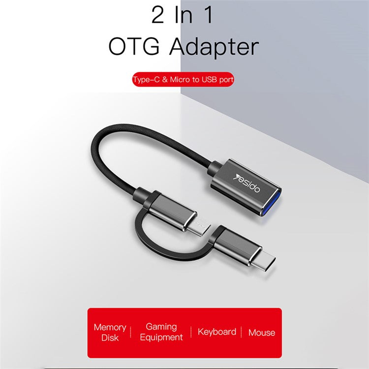 YESIDO GS02 2-in-1 Type C/Micro to USB OTG Adapter Cable Connector for Samsung Xiaomi Huawei MacBook