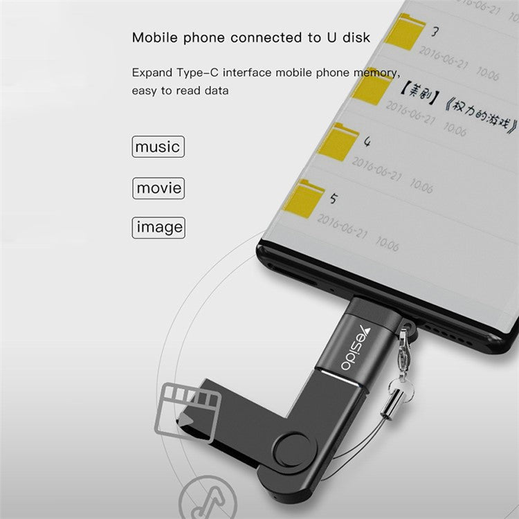 YESIDO GS06 Portable Type-C to USB OTG Connector Adapter with Keychain - Black