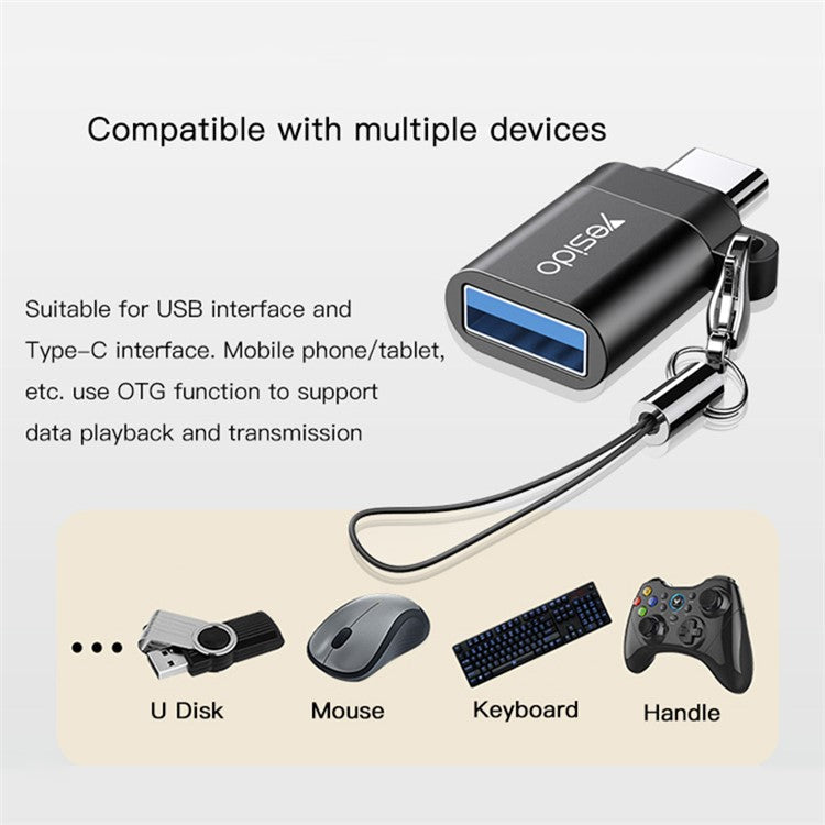 YESIDO GS06 Portable Type-C to USB OTG Connector Adapter with Keychain - Black