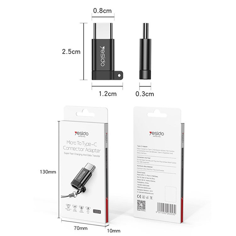 YESIDO GS04 Type-C Male to Micro USB Female OTG Connector Adapter with Keychain - Black