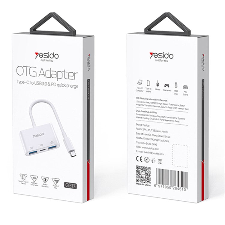YESIDO GS17 Type-C to USB Converter with PD Fast Charging Port USB 3.0 OTG Adapter for U-Disk Mouse Keyboard