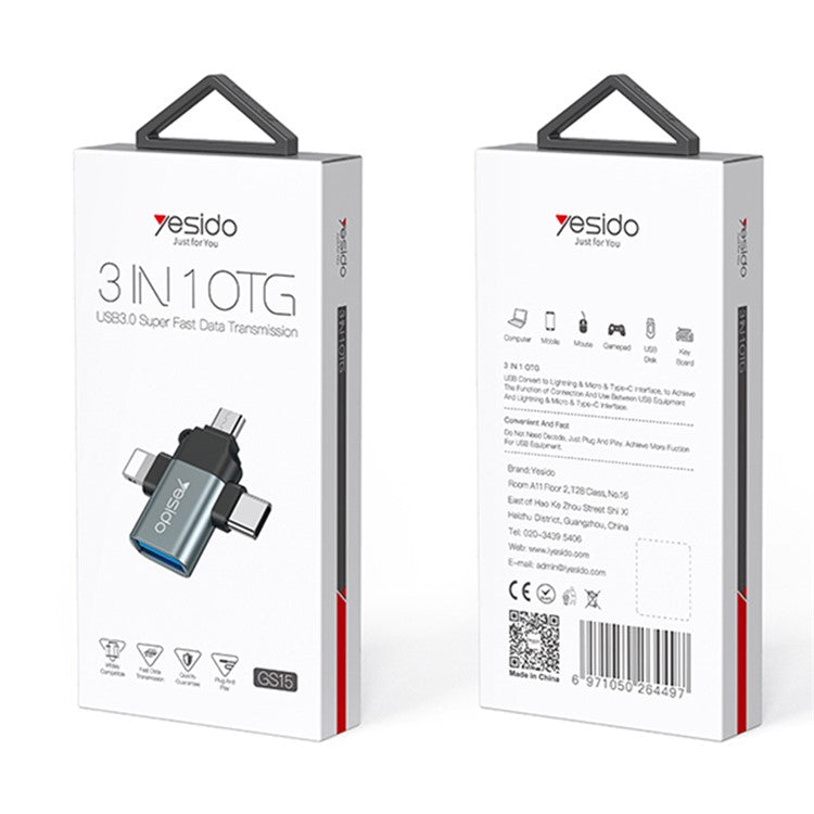YESIDO GS15 3 In 1 OTG Adapter Type C/Micro/Lightning to USB 3.0 Data Transmit Converter for iPhone Tablet Hard Disk Drive