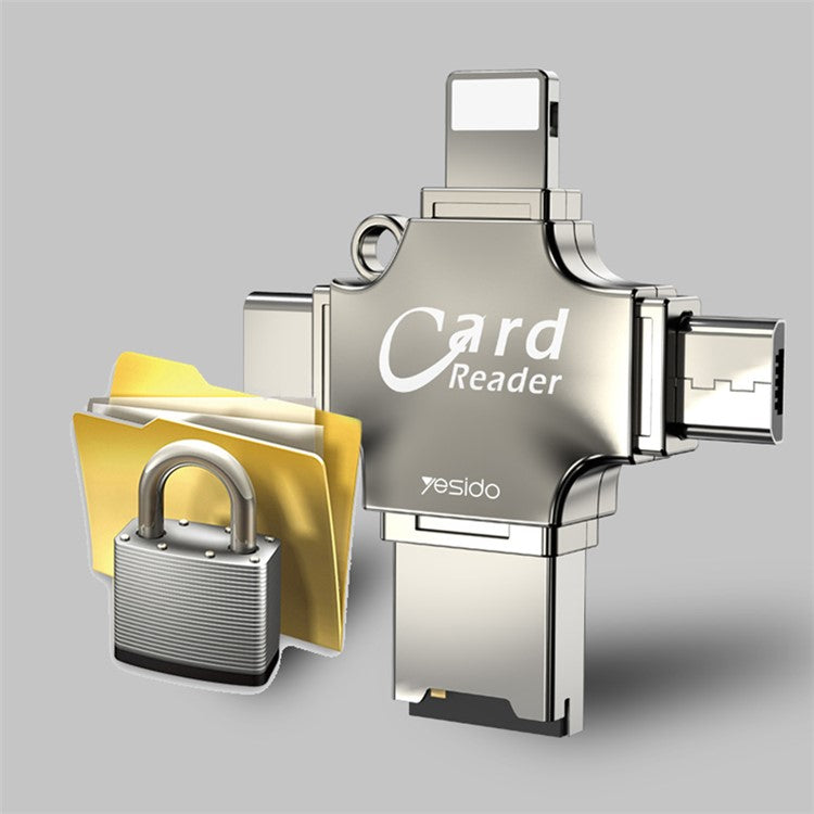 YESIDO GS13 USB+Type-C+Micro+Lightning Multifunction Card Reader OTG Adapter for iPhone/Android/TF Card