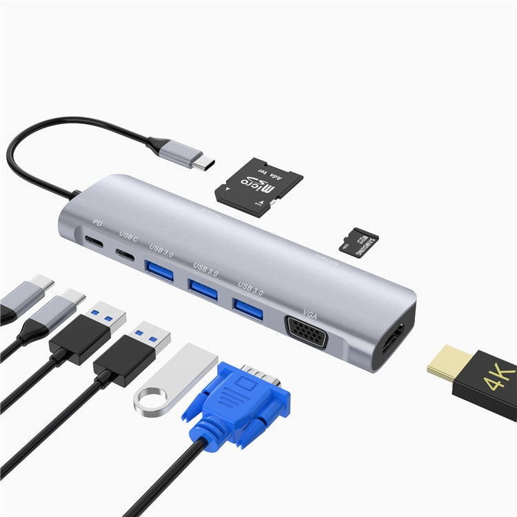 YSTC9048 9 in 1 Multi-port USB C Hub Portable High-speed Data Sync Converter USB C to USB3.0 TF SD Adapter Support HDMI VGA