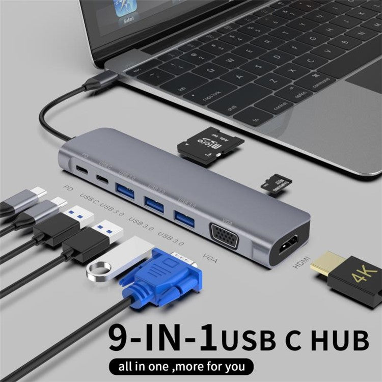 YSTC9048 9 in 1 Multi-port USB C Hub Portable High-speed Data Sync Converter USB C to USB3.0 TF SD Adapter Support HDMI VGA