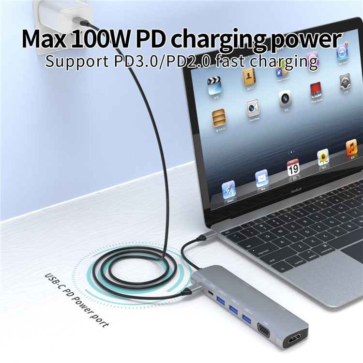 YSTC9048 9 in 1 Multi-port USB C Hub Portable High-speed Data Sync Converter USB C to USB3.0 TF SD Adapter Support HDMI VGA