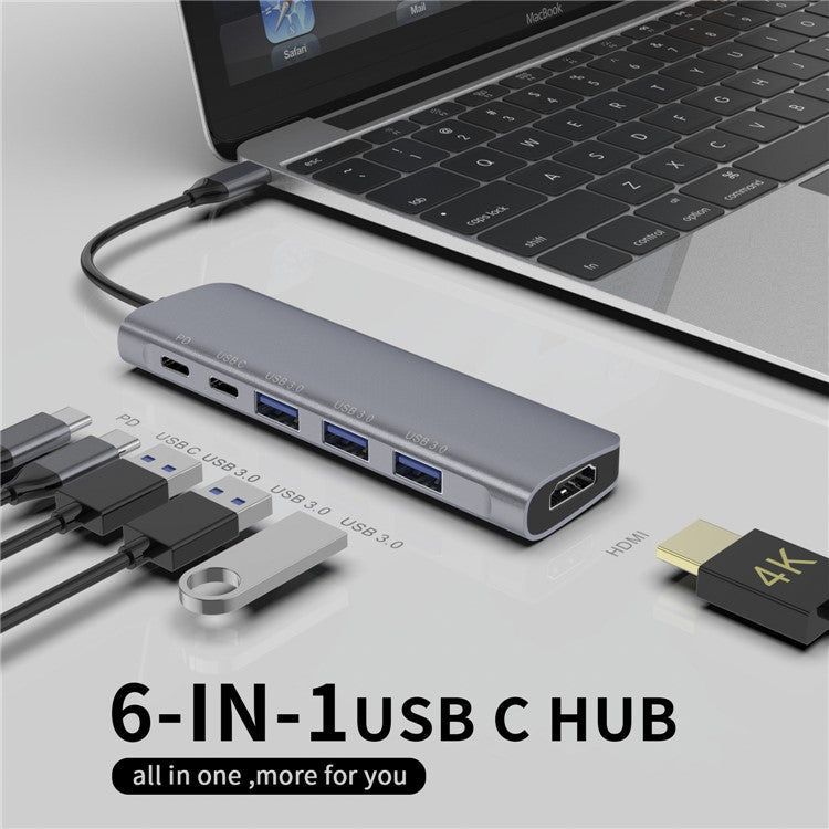 YSTC9038 6 in 1 Multi-port Portable USB C Hub Adapter High-speed Data Sync Converter Compatible with HDMI/USB3.0/USB-C PD