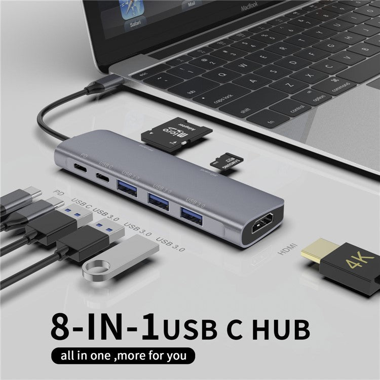YSTC9038S 8 in 1 Portable USB C Hub Multi-function High-speed Data Sync Converter USB C to HDMI USB3.0 TF Card Adapter